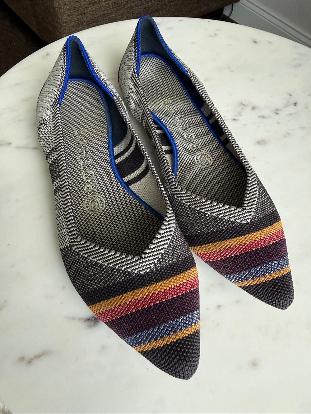 Rothy's Pointed Knit Slip-Ons in Black with Multicolor Stripes